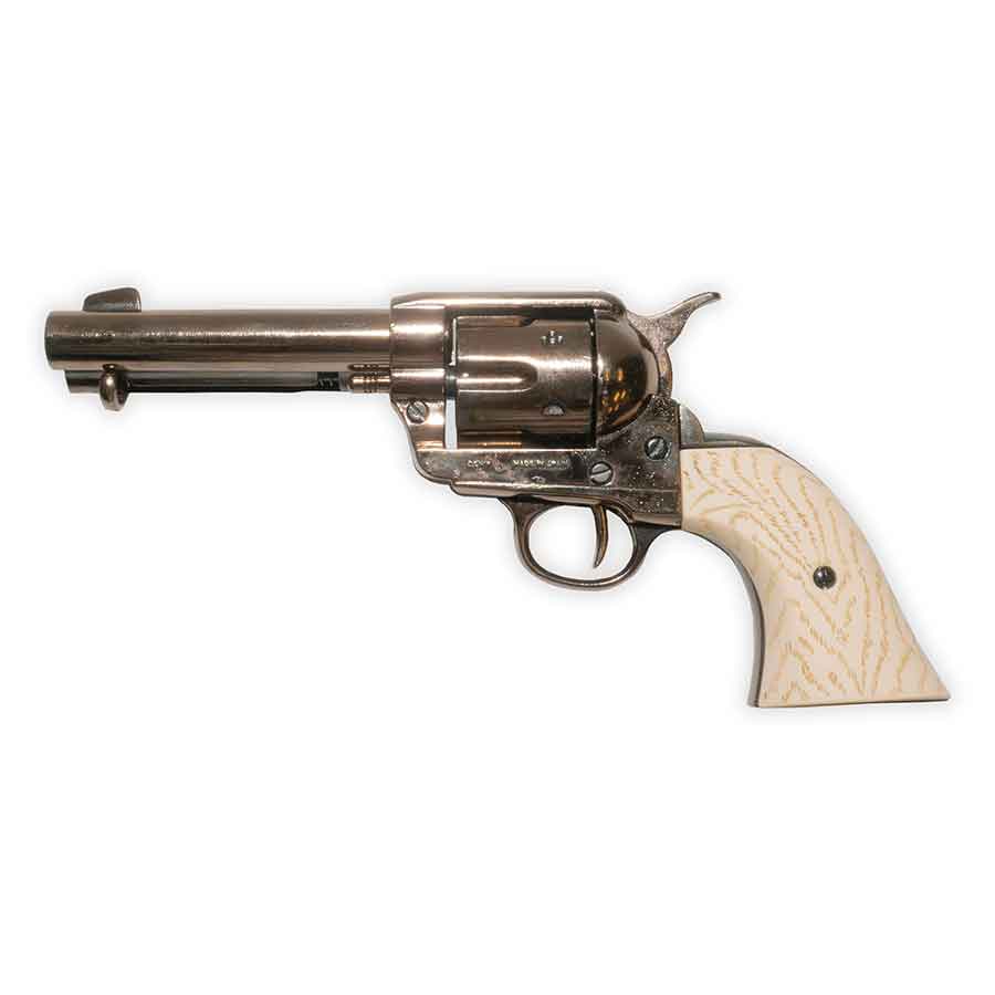 A non-firing replica of a Western peace maker with an antiqued blued finish and faux ivory grips.