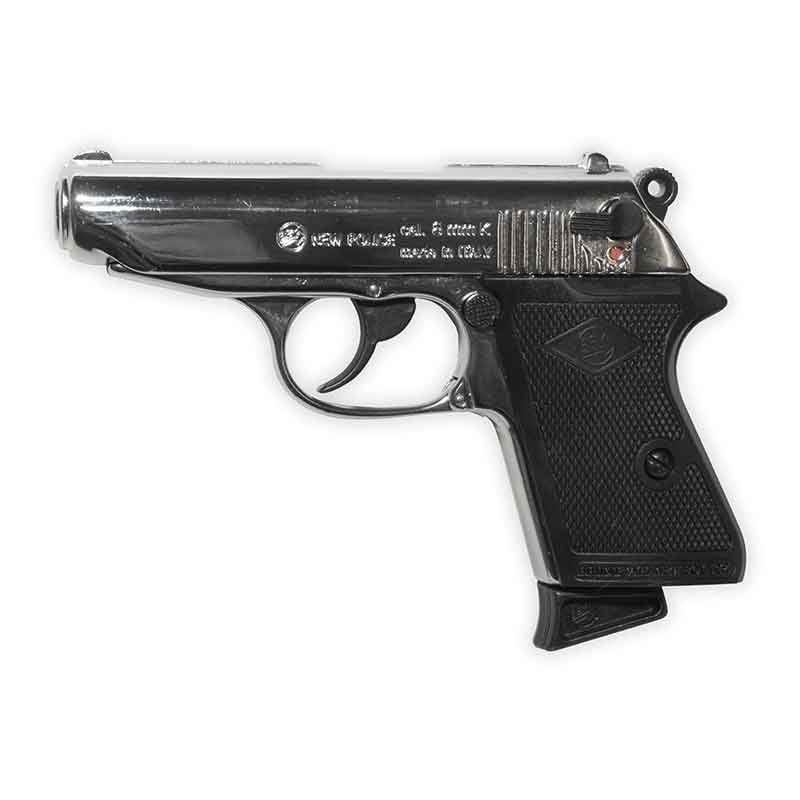 Blank-Firing Bruni Lady K Pistol - 8mm PAK - Nickel Finish on white background.