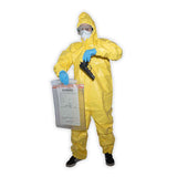 A person wearing a yellow CSI coverall suit with a hood, holding a prop gun and a plastic evidence bag against a white background.