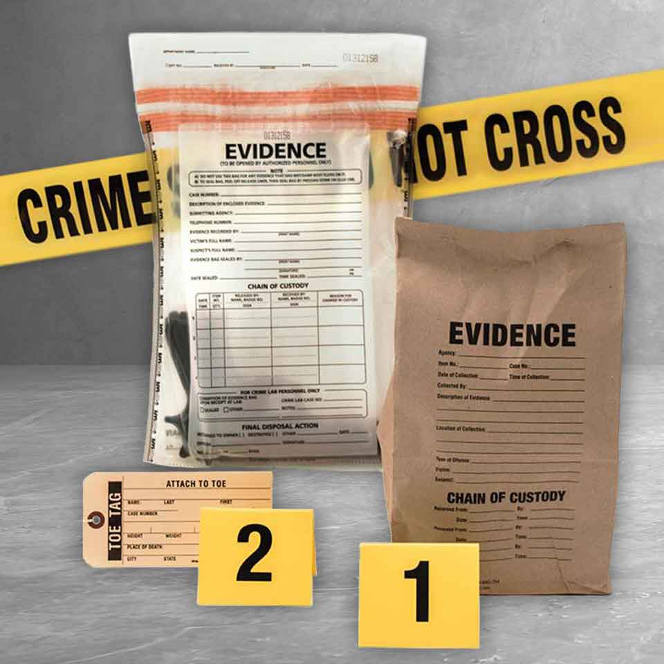 Evidence markers, evidence bags, and toe tag - category image.