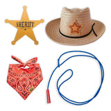 A set of children's dress-up toys including a beige cowboy hat with a star, a red bandana, a yellow sheriff's badge, and a blue trick rope.