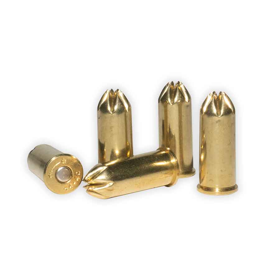 A set of .44-40 brass blank ammunition cartridges designed for use in revolvers, displayed against a white background.