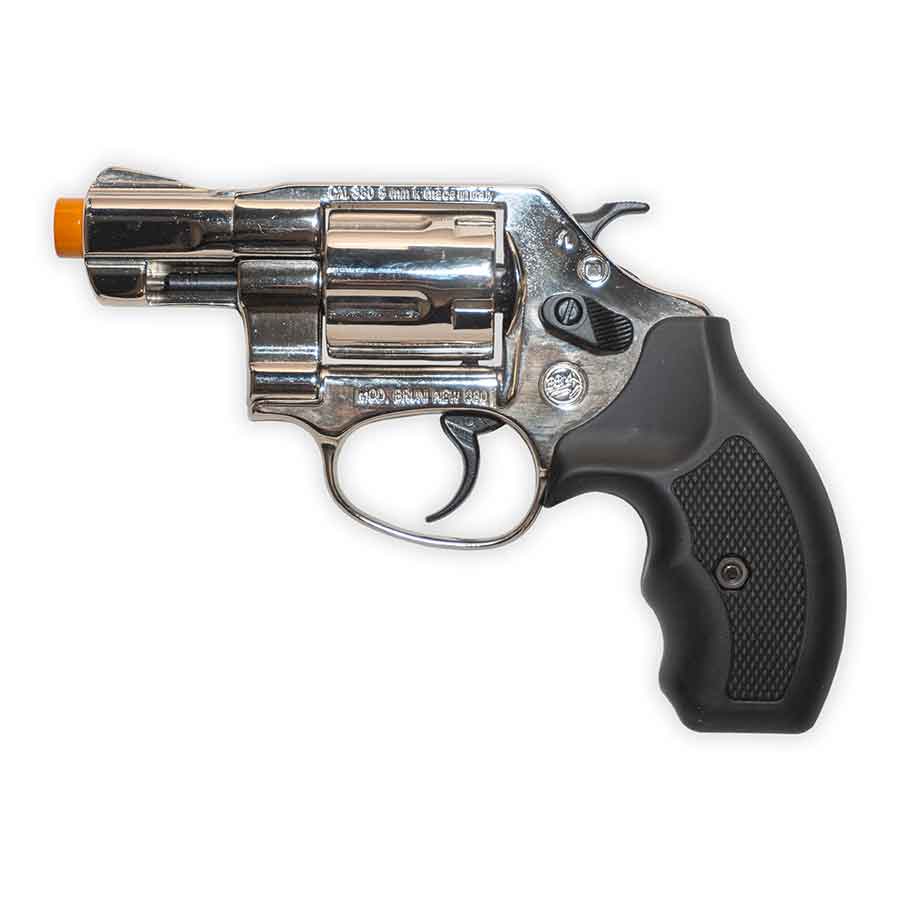 A nickel-finished, front-firing .38 special blank-firing revolver with a 2-inch barrel and black grip.