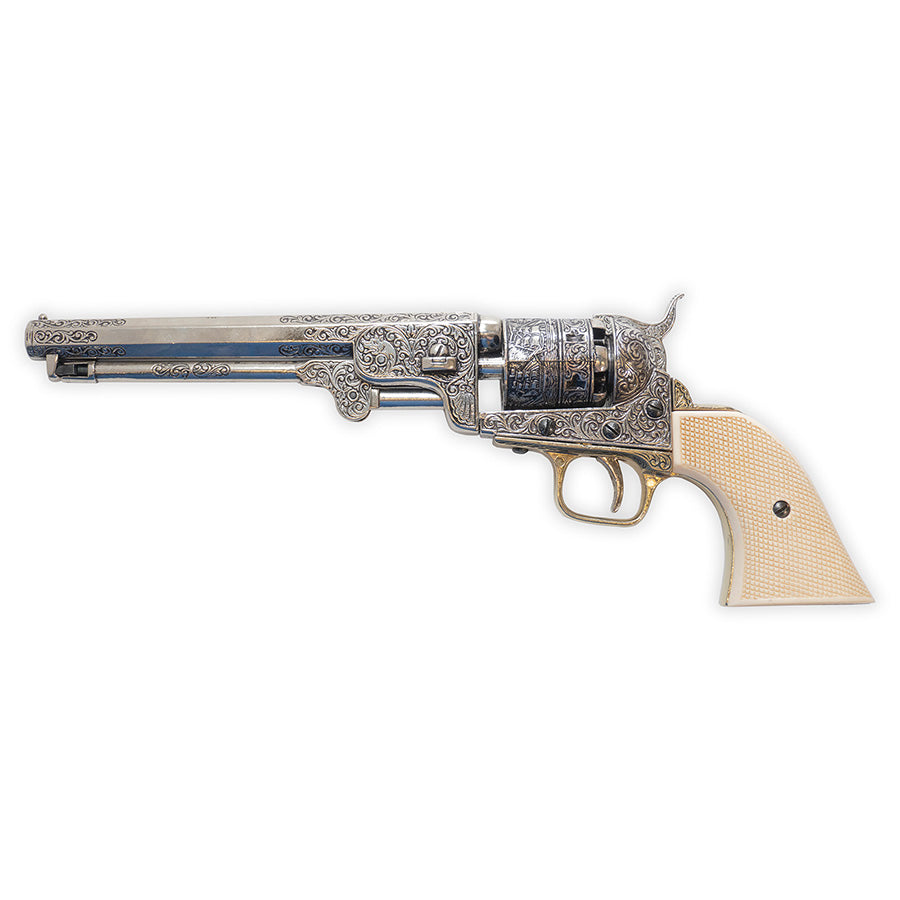 Non-Firing - M1851 Civil War Navy Replica - Engraved Nickel Dual Tone Trigger Frame - Faux Ivory Grips