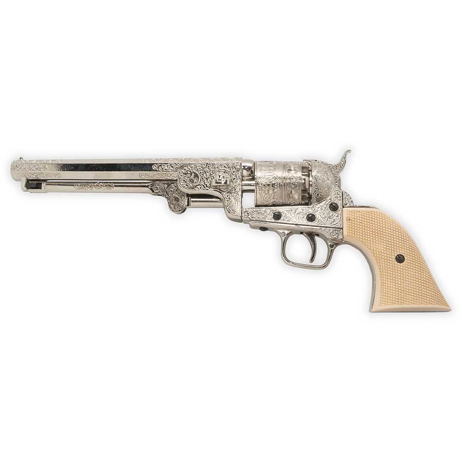 Non-Firing - M1851 Civil War Navy Replica - Faux Ivory Grips - Engraved Nickel Finish