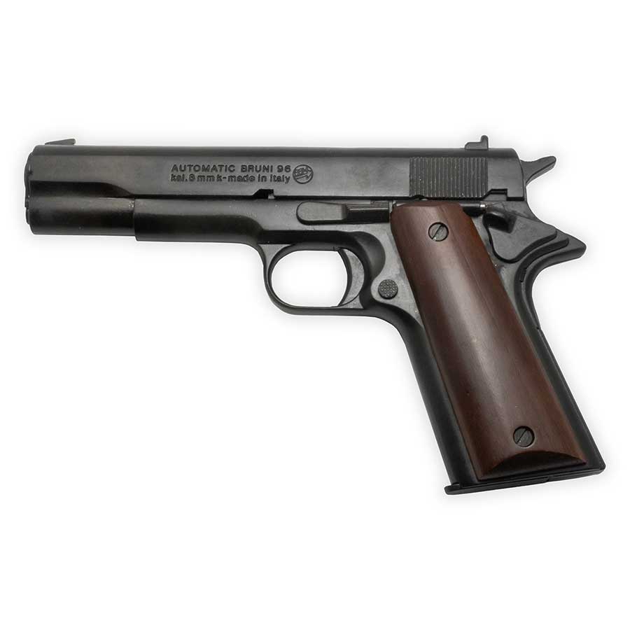 Blank-Firing Bruni 1911 Pistol - Semi-Auto Top-Firing 8mm PAK - Blued Finish with Dark Wood Grips