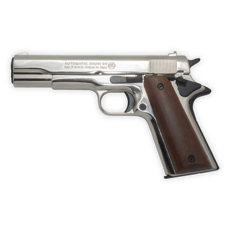 Blank-Firing Bruni 1911 Pistol - Semi-Auto Top-Firing 8mm PAK - Nickel Finish with Dark Wood Grips