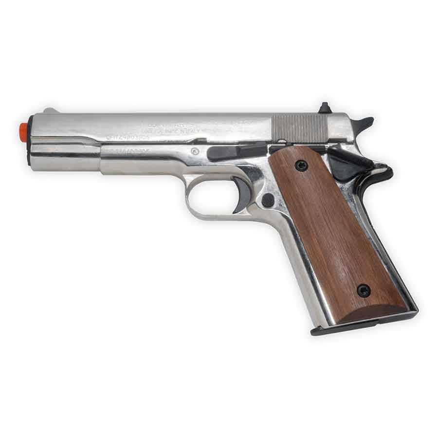 Blank-Firing Kimar 1911 Pistol - Semi-Auto Front-Firing 9mm PAK - Nickel Finish with Wood Grips