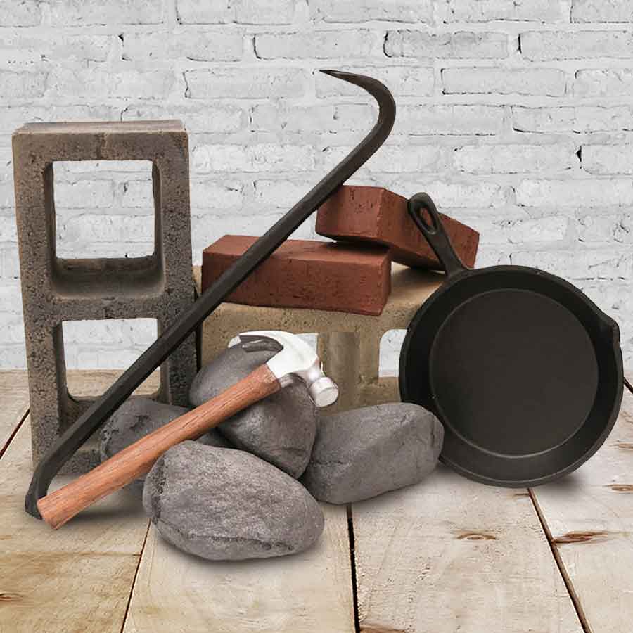 Foam cinder block, foam rocks, foam hammer, foam frying pan, foam bricks and, foam crowbar - category image.