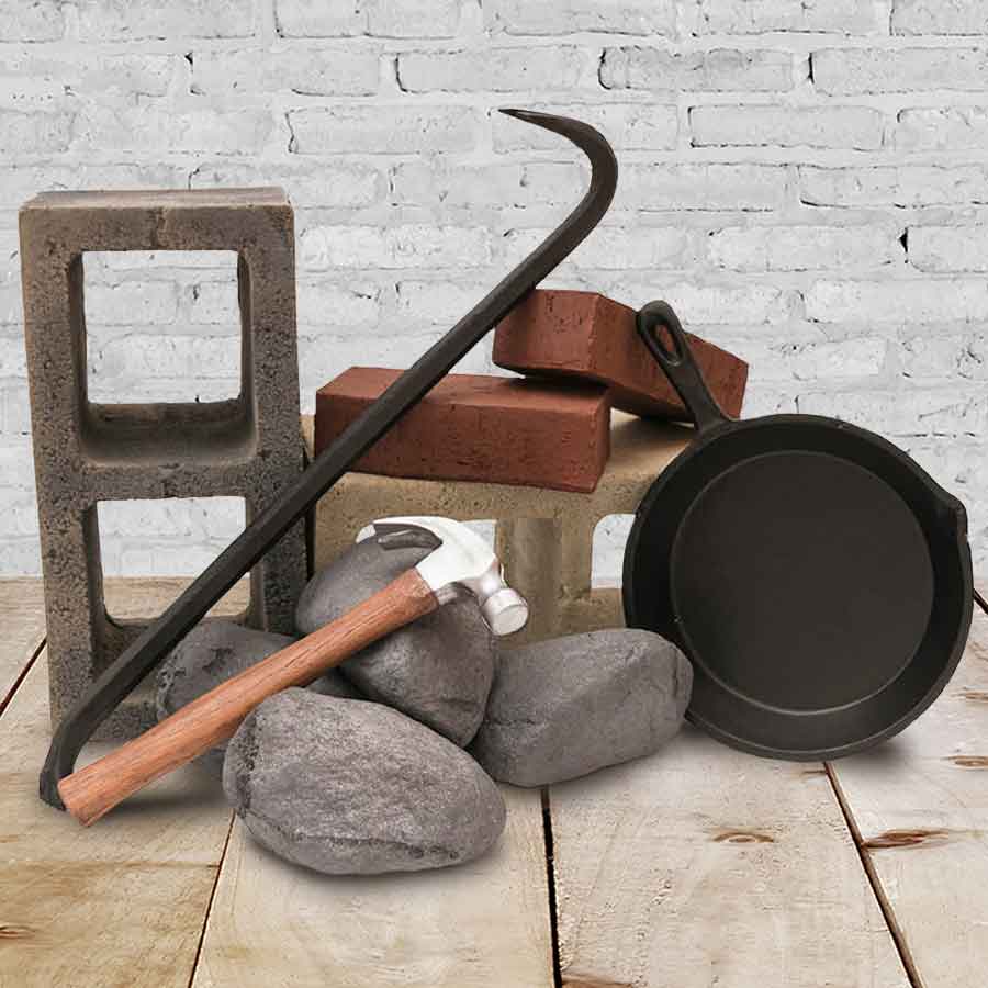 Foam cinder block, foam rocks, foam hammer, foam frying pan, foam bricks and, foam crowbar - category image. 