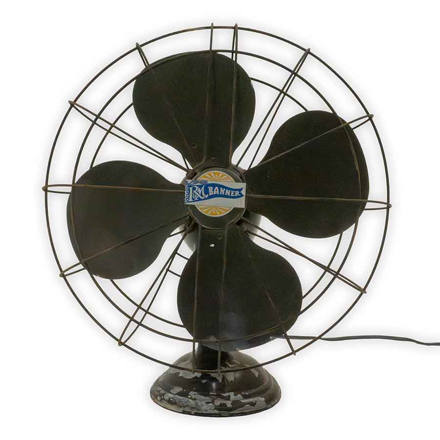 Vintage electric fan with 'L.M. Banner' logo on a white background