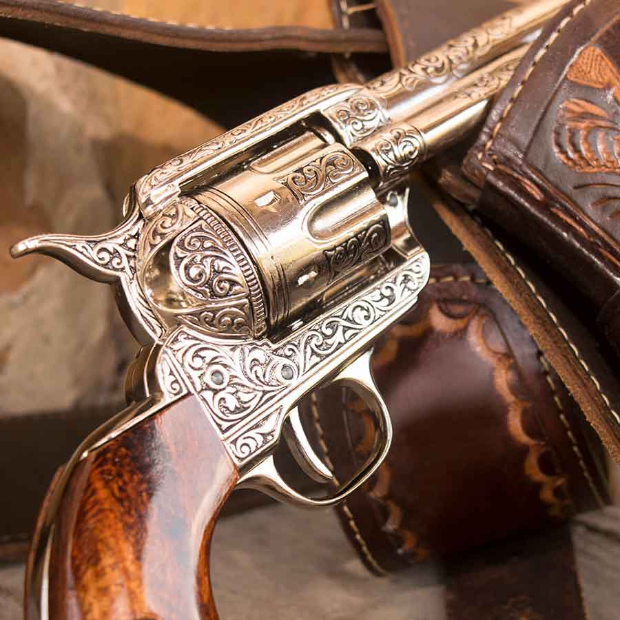 Replica non-firing single action revolver on leather holster - category image.