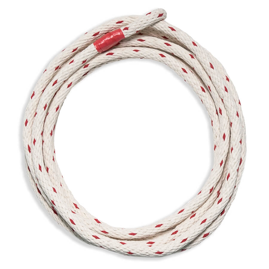 A 13-foot cotton trick rope with a white cord and red accents, coiled and ready for use.