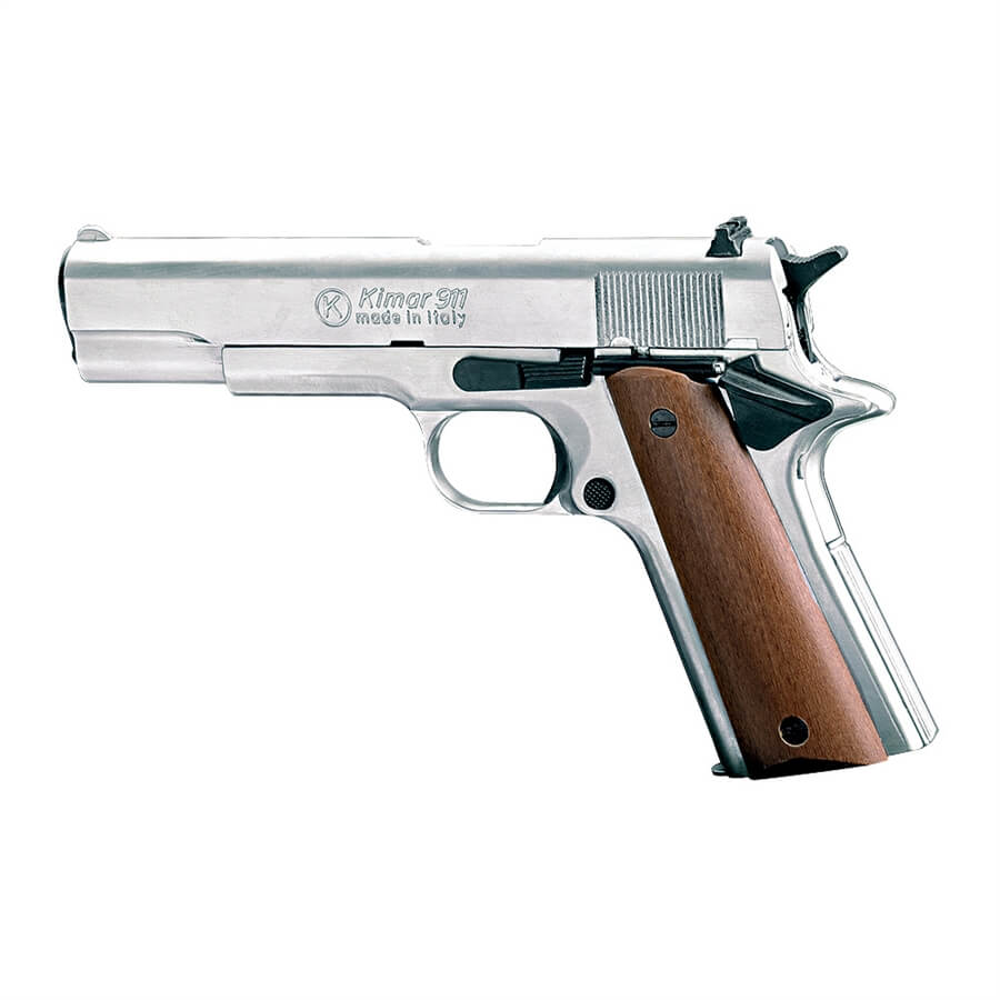 Blank-Firing  Kimar  1911 Pistol - Semi-Auto Top-Firing 8mm PAK - Nickel Finish with Wood Grips