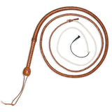 An 8-foot natural brown Indiana Jones style bullwhip with a looped handle and a white tip.