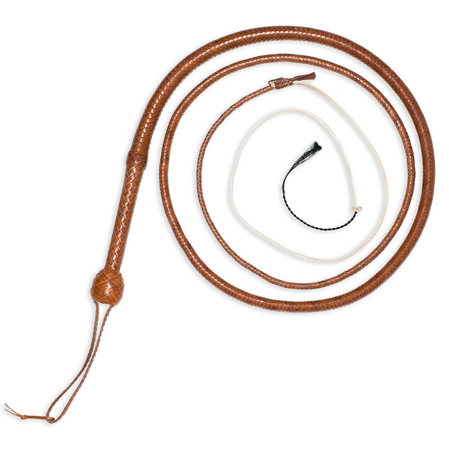 An 8-foot natural brown Indiana Jones style bullwhip with a looped handle and a white tip.