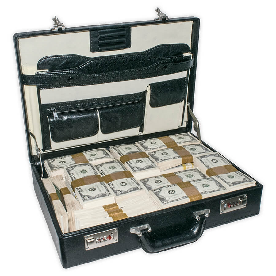 Briefcase rental prop full of filler print prop money on white background. 