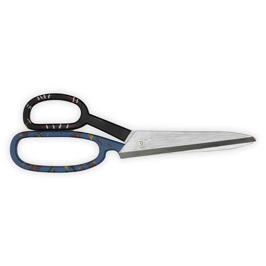 Pair of scissors with black and blue handles on a white background