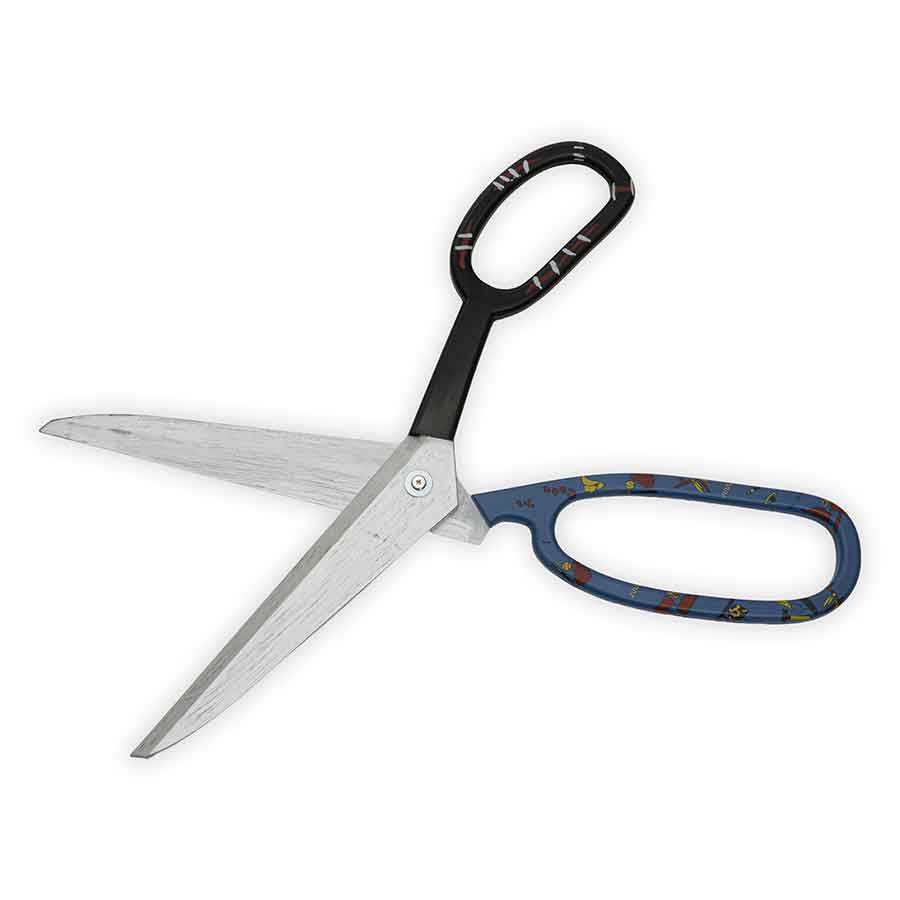Scissors with black and blue handles on a white background