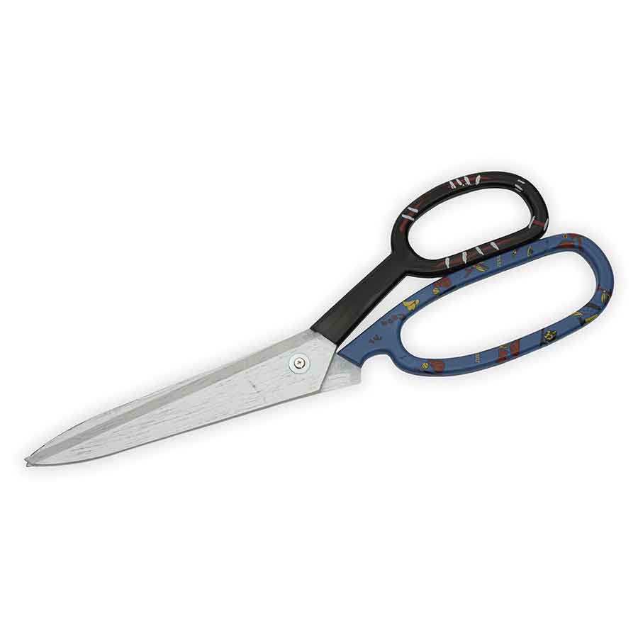 Scissors with black and blue handles on a white background
