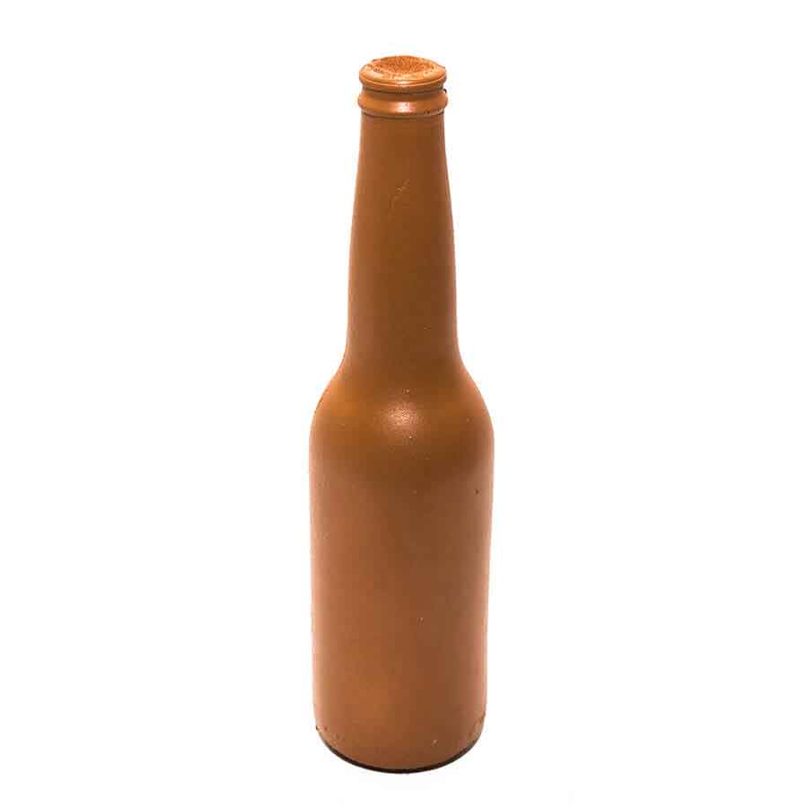 Soft foam beer bottle prop. Entire prop is brown in color