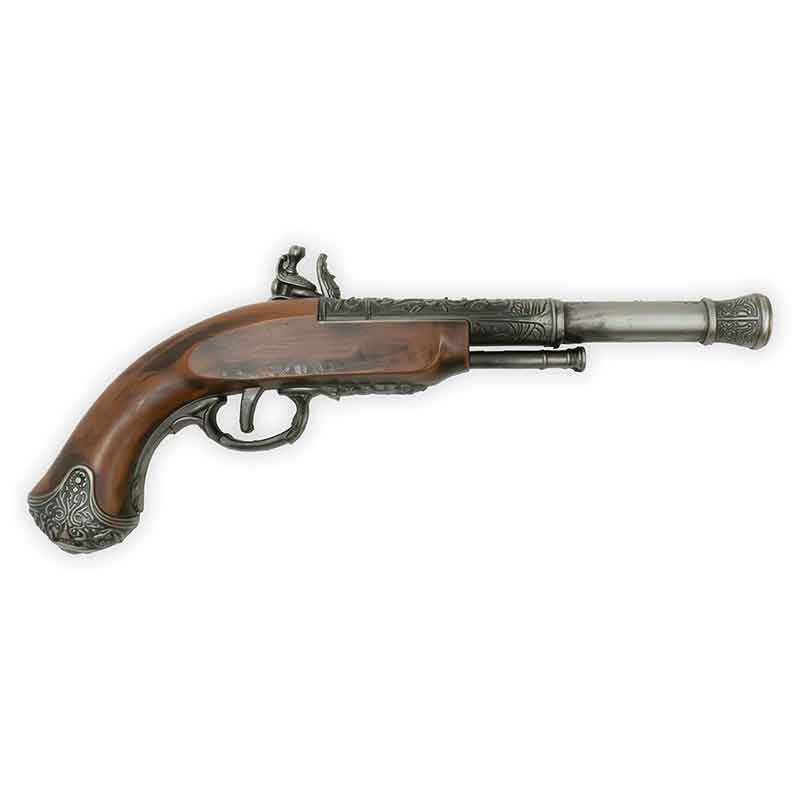 Decorative gun with wooden stock and metal accents on a white background