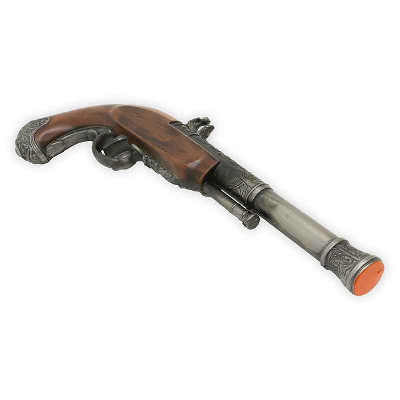 Decorative FOAM gun with wooden grip and metal body on a white background