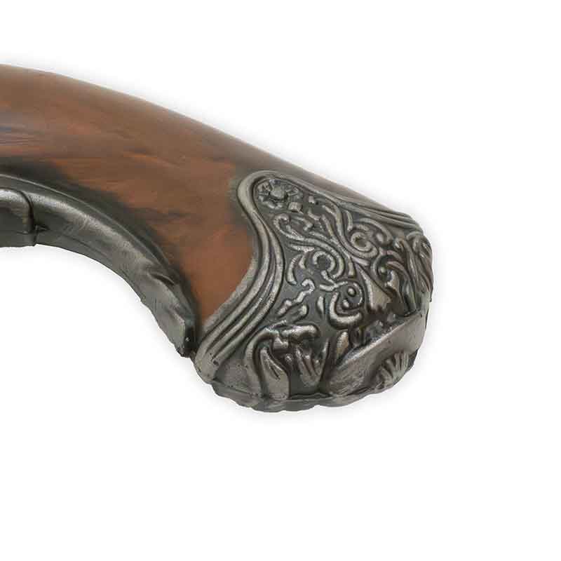 Decorative handle with brown wood and silver metal design on a white background