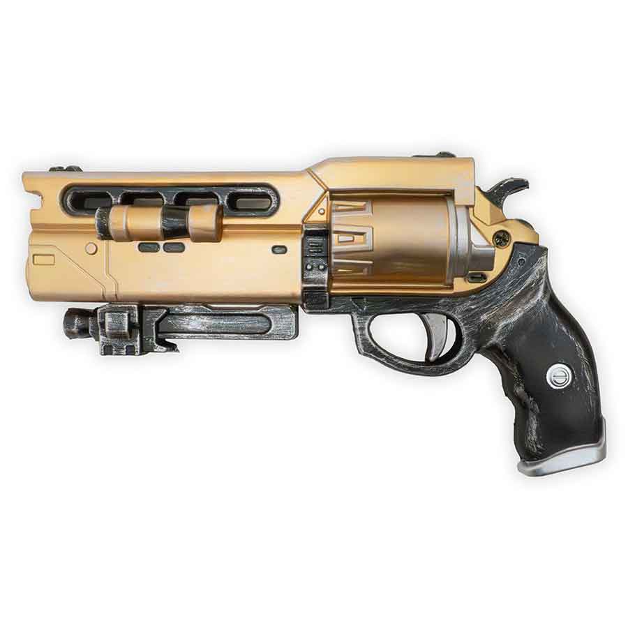 Gold and black space age revolver on a white background.
