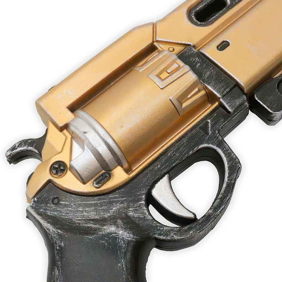 Close-up of a gold and black revolver on a white background