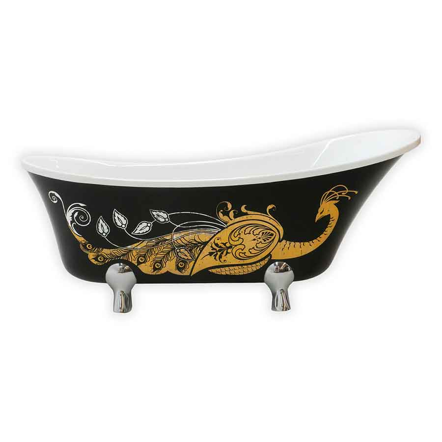 Decorative freestanding bathtub with gold peacock design on a black background