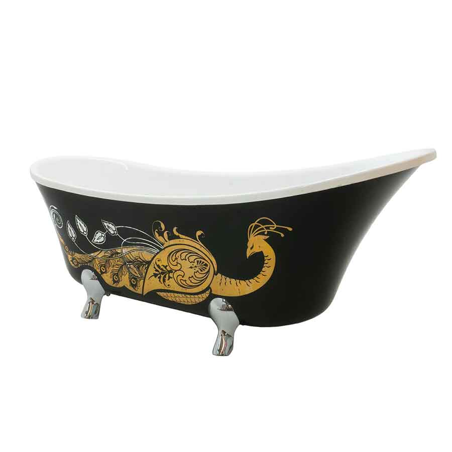 Decorative freestanding bathtub with gold peacock design on a black background