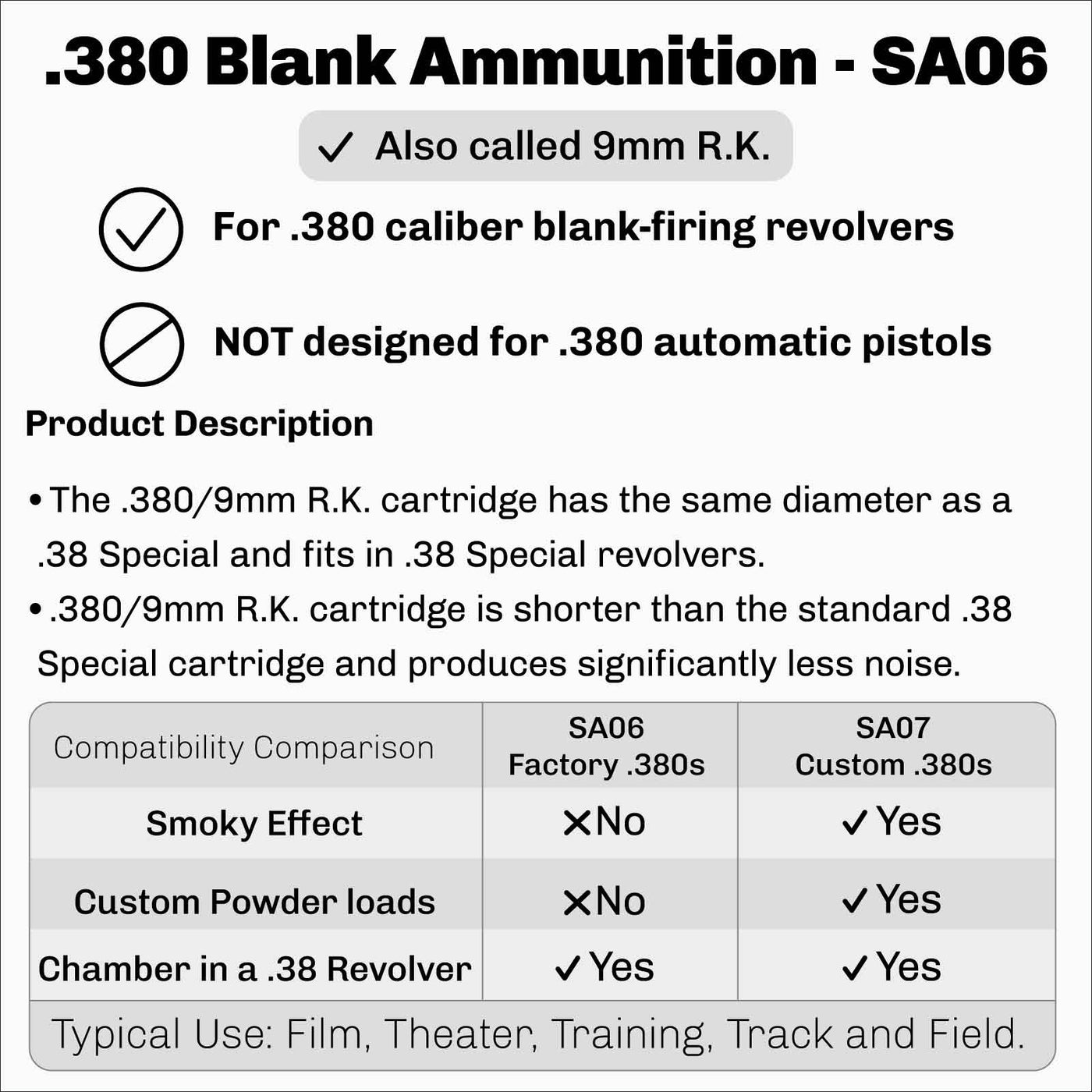 .380 (9mm RK) Brass Blank Ammunition Factory Load (50 Rounds)