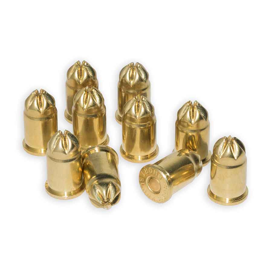 Picture of (10) .380 caliber blank-ammunition on white background. 