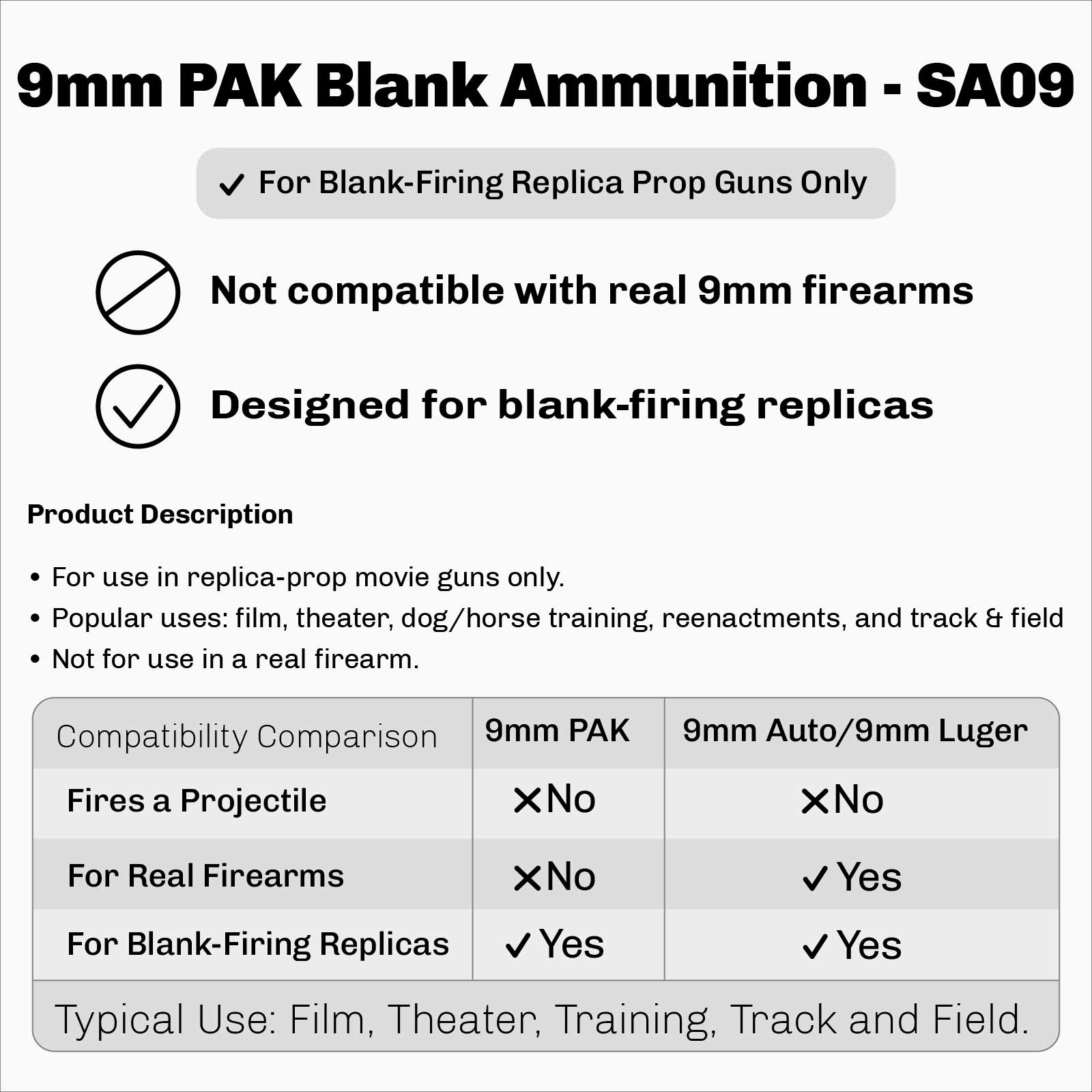 9mm PAK Blank Ammunition - Full Load (50 Rounds)