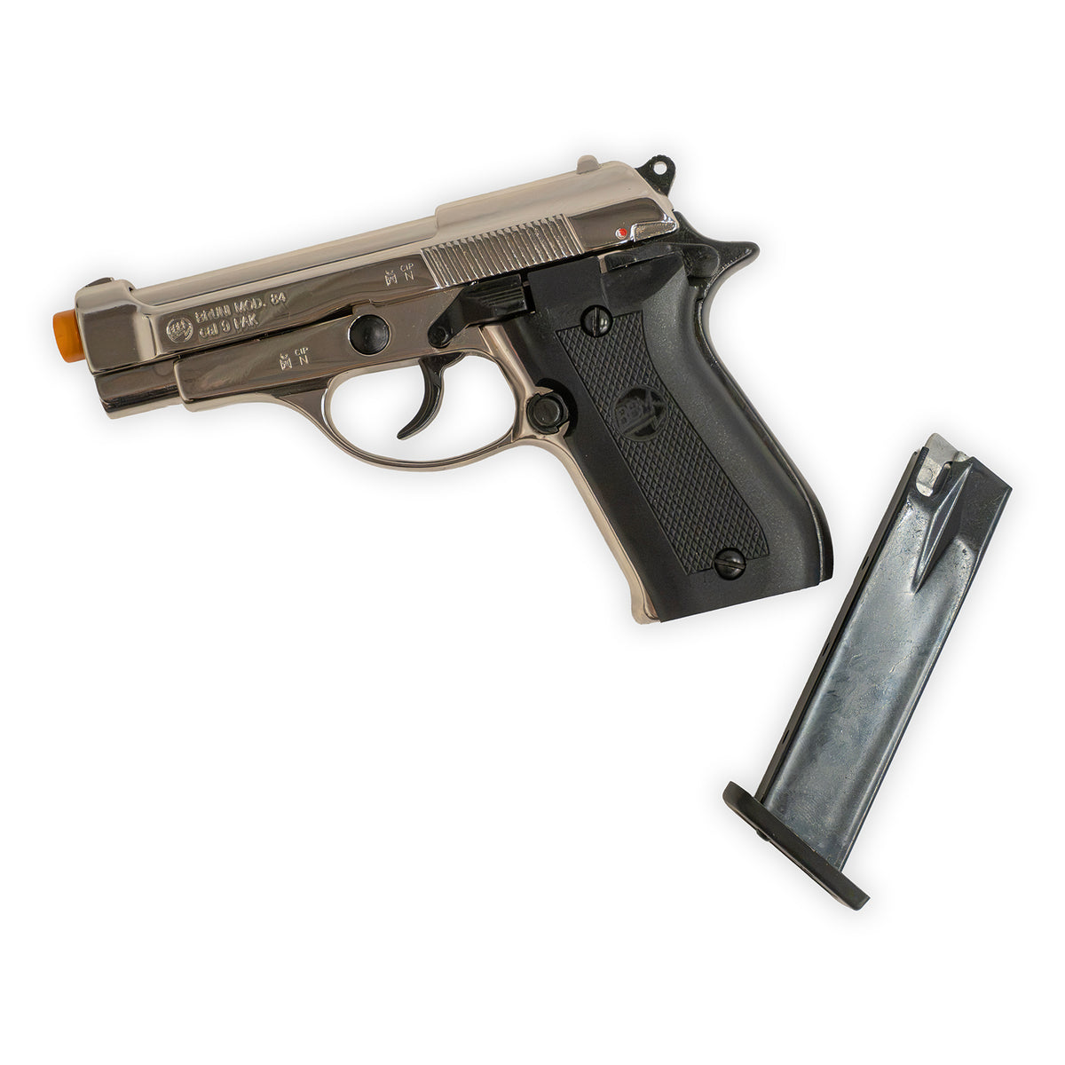 Blank-Firing Bruni Model 84 Pistol - Semi-Auto Front-Firing 9mm PAK - Nickel Finish