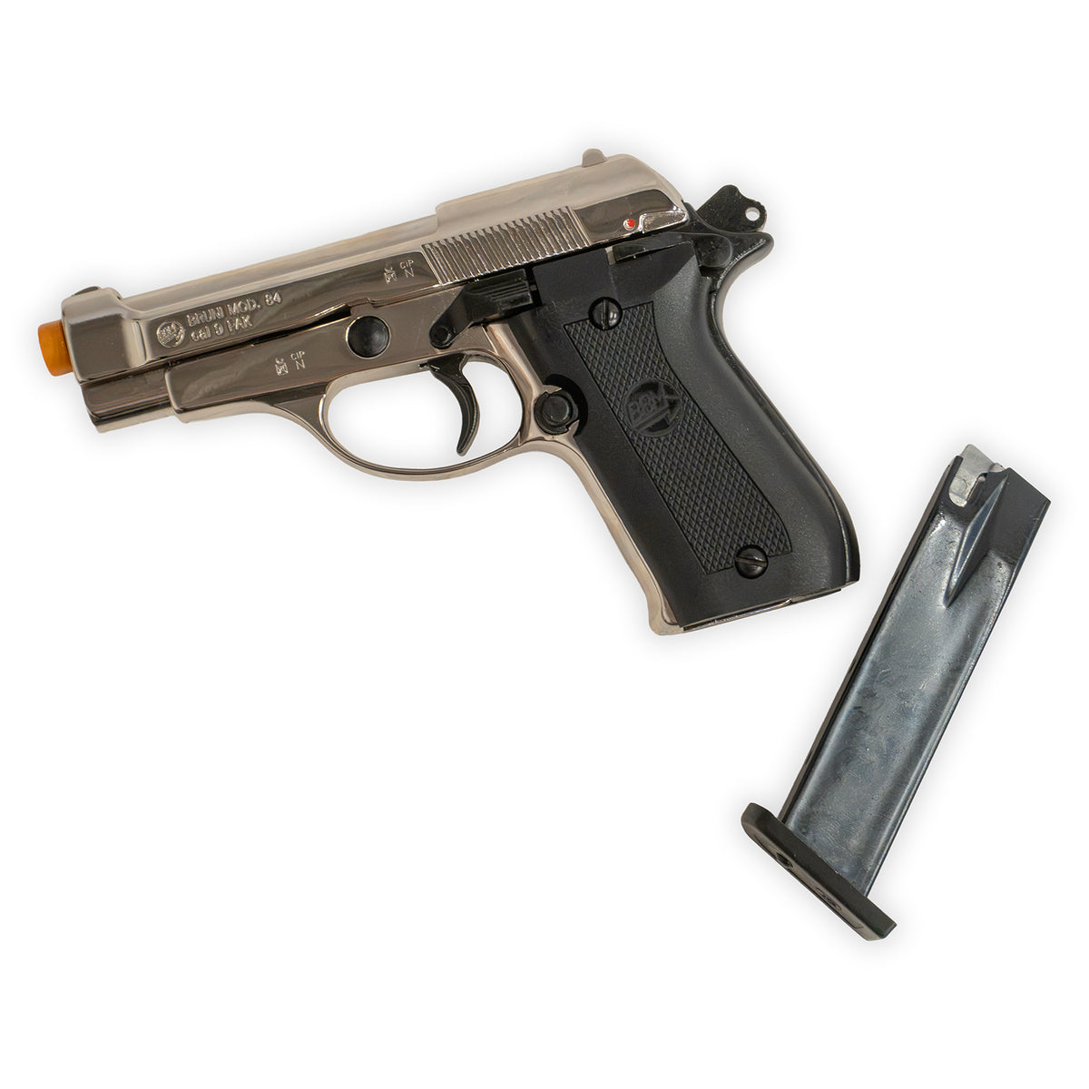 Blank-Firing Bruni Model 84 Pistol - Semi-Auto Front-Firing 9mm PAK - Nickel Finish
