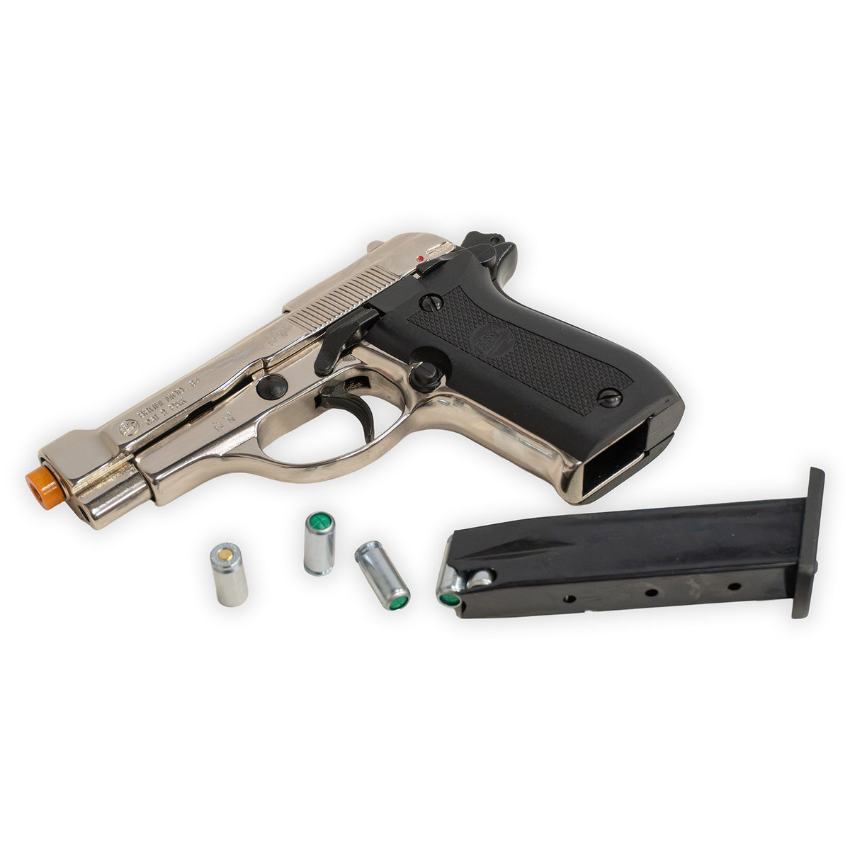 Blank-Firing Bruni Model 84 Pistol - Semi-Auto Front-Firing 9mm PAK - Nickel Finish