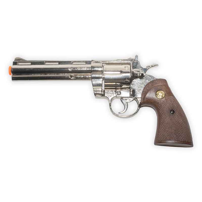 Non-firing .357 prop Revolver with brown grip and silver body on a white background
