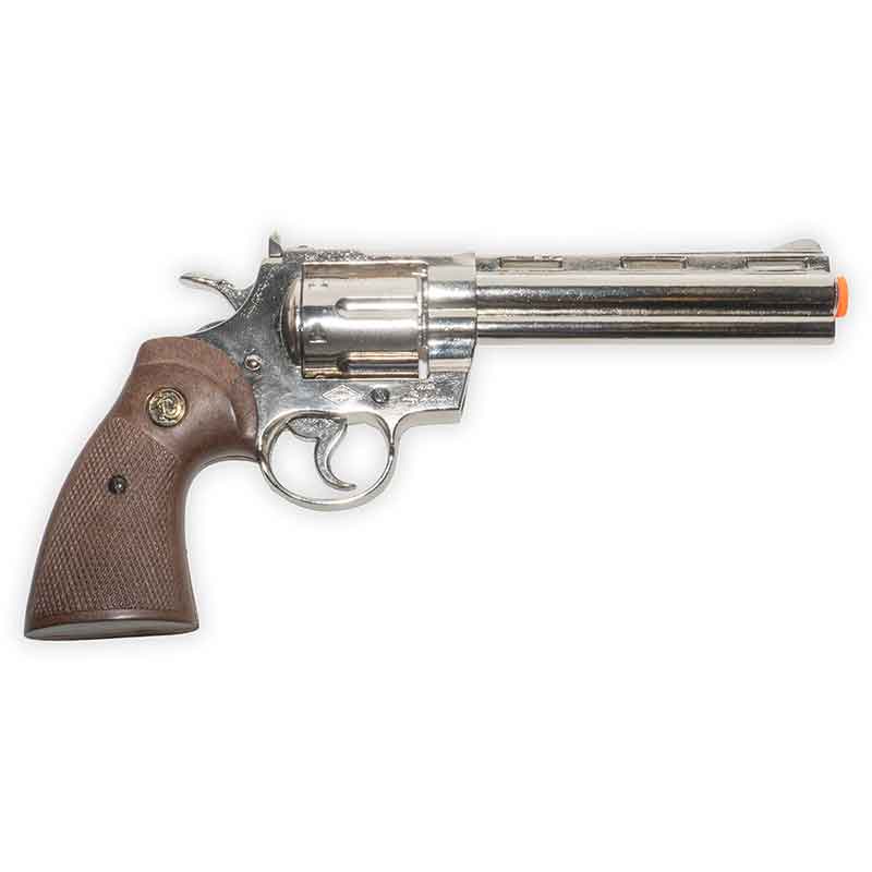 Revolver with a brown grip on a white background
