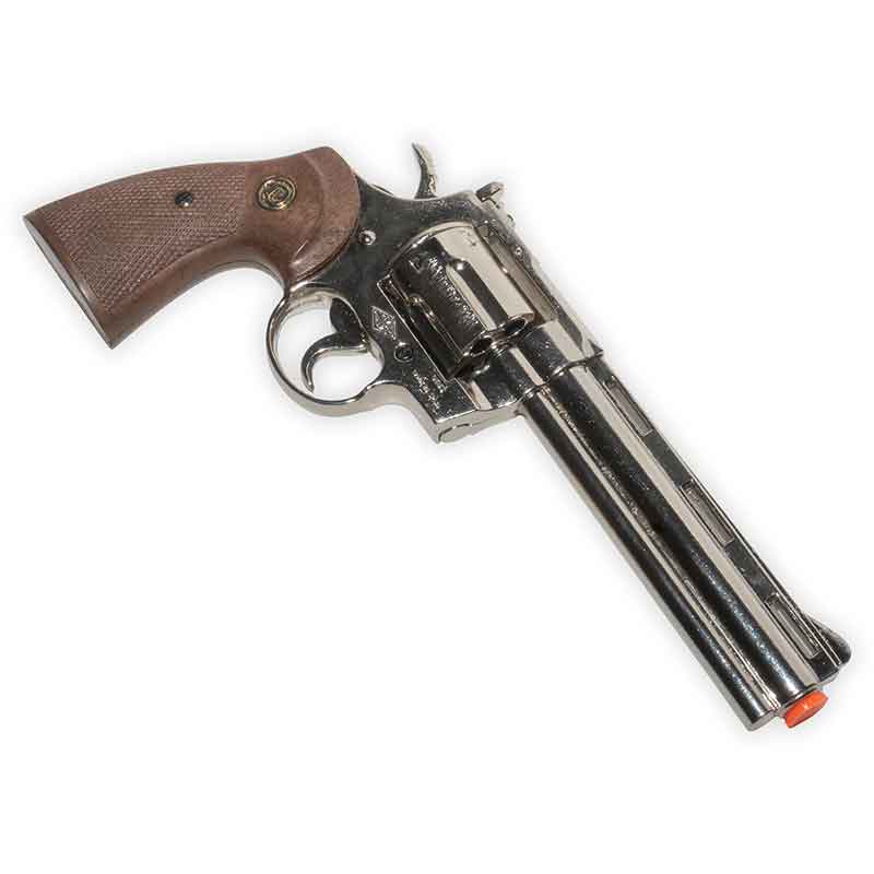 Toy revolver with brown handle on a white background