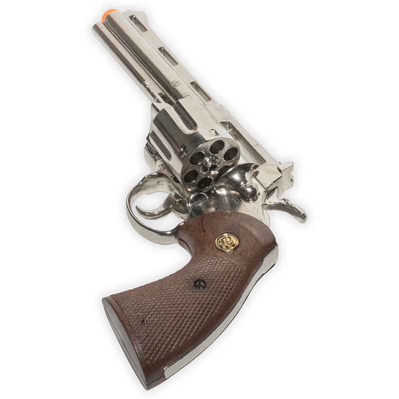 Revolver with brown grip and silver metal on a white background