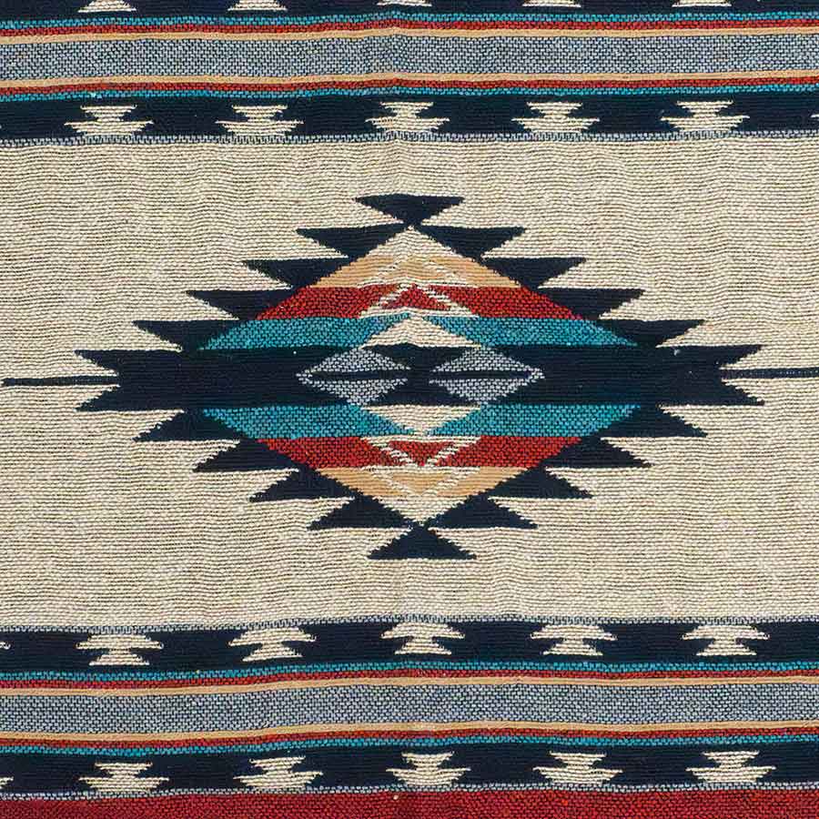 Close-up of a Native American-style woven rug with geometric pattern