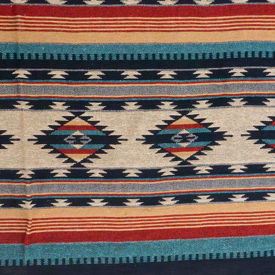 Woven fabric with geometric pattern and colorful stripes
