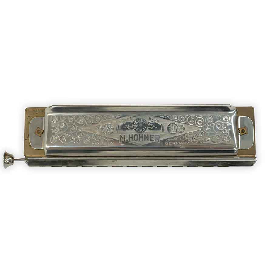 Metallic harmonica with 'M. Hohner' branding on a white background