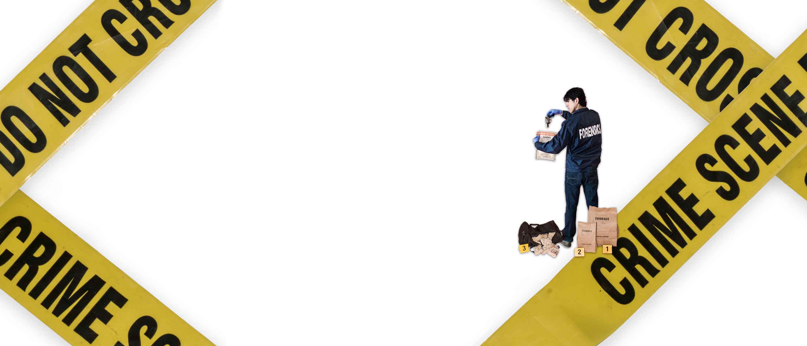 Person with props by the feet at a crime scene with yellow 'Do Not Cross' tape