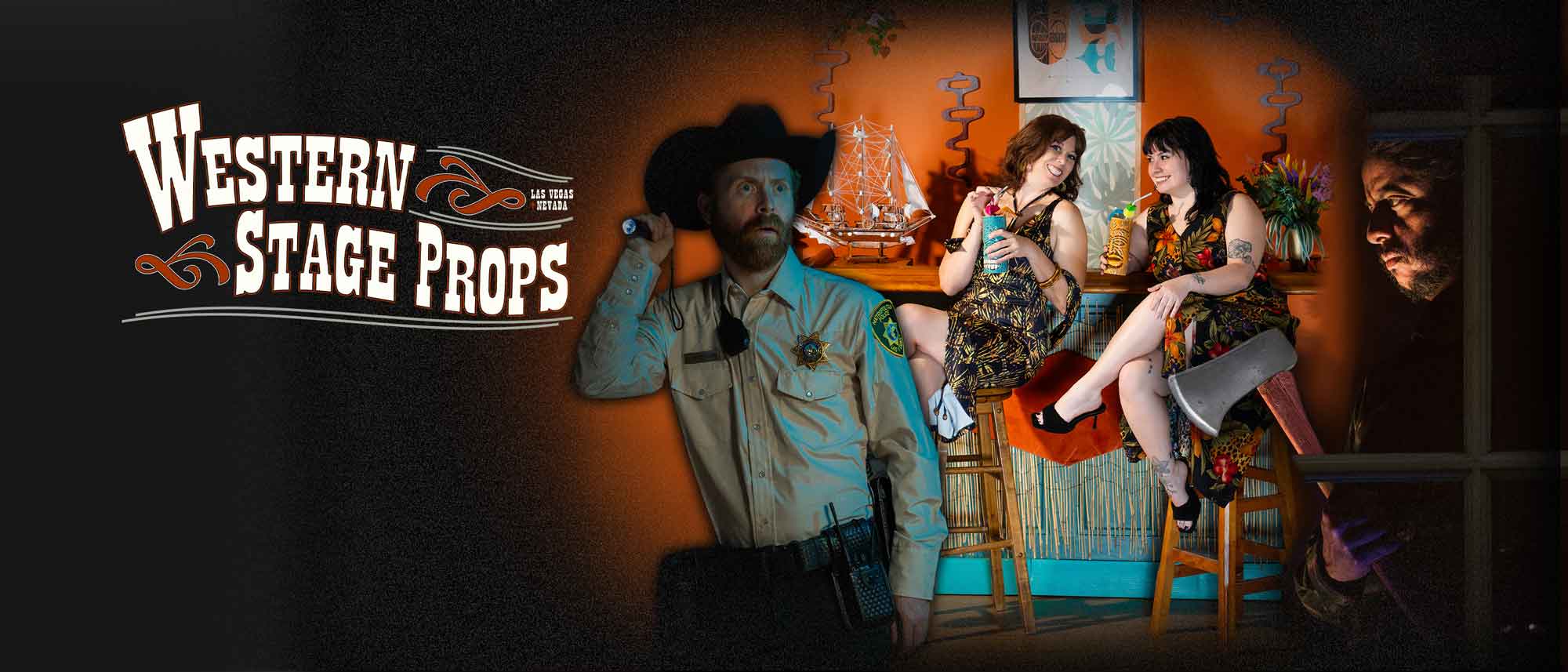 Banner image with logo on the middle left. On the right half, a compound image features a sheriff, a tiki bar dining set, and a man holding a foam axe in the window. 