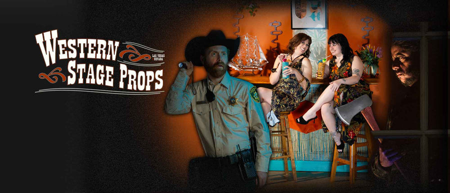 Banner image with logo on the middle left. On the right half, a compound image features a sheriff, a tiki bar dining set, and a man holding a foam axe in the window. 